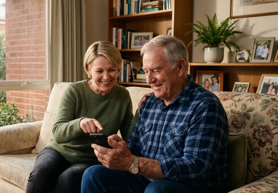 Adult daughter helping her father with FamilySentry on his phone, in their family home